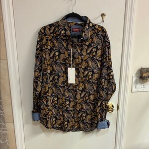 NWT Men's Paisley Button-Down Shirt - Black, Gold, and Blue Sz L
